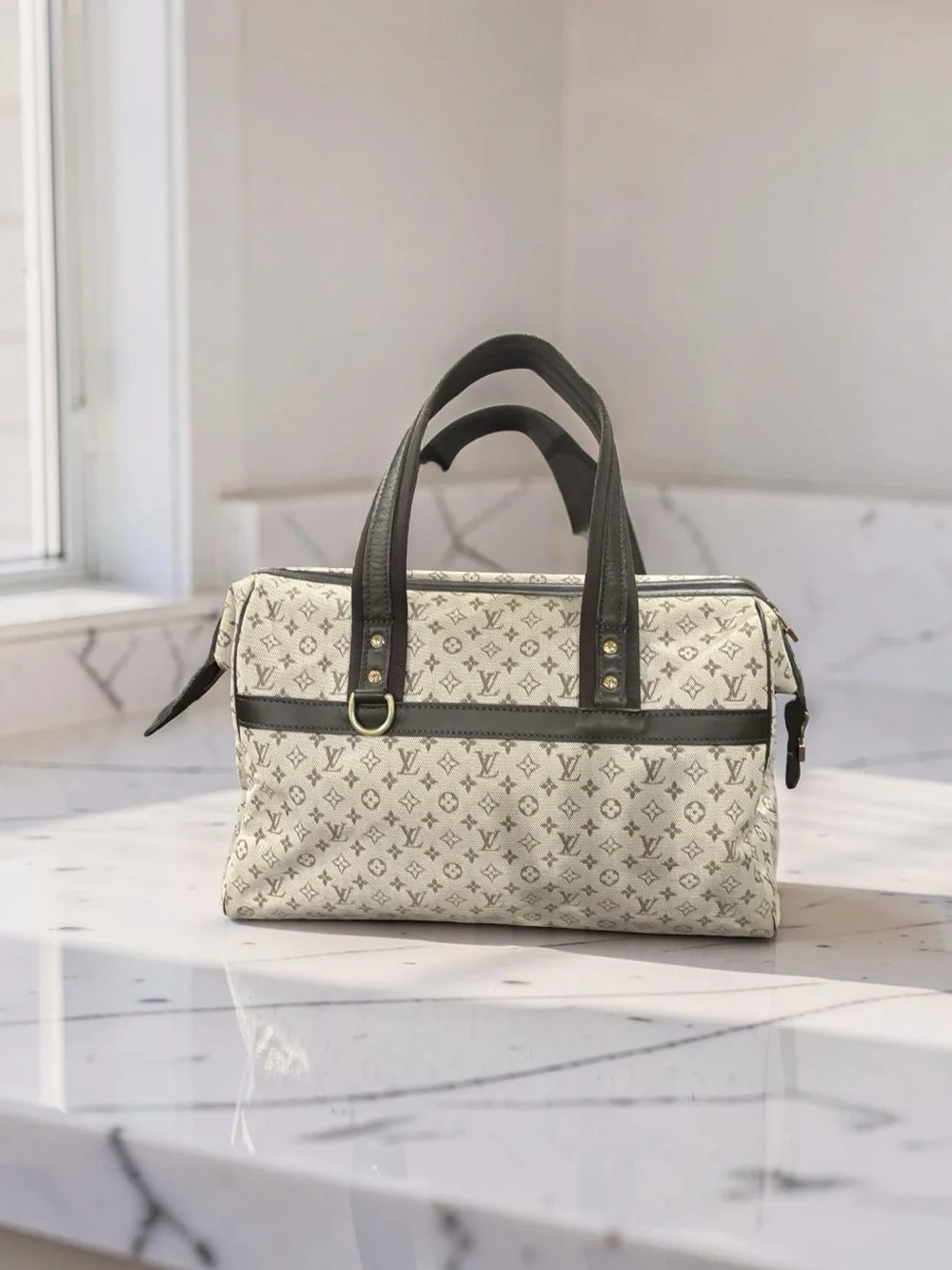 Louis Vuitton Cream Monogram Satchel with Dark Brown Trim